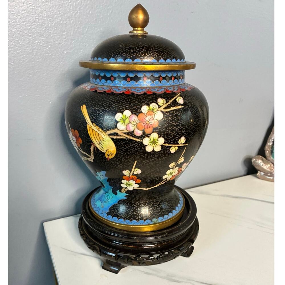 Cloisonné Ginger Jar Wooden Stand Black Enamel, Birds Hong Kong Style 1980s